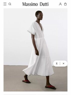 Massimo Dutti White Pleated Maxi Dress with Contrast Trim